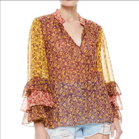 Alice + Olivia Tops - Alice + Olivia Floral Sheer Blouse - Yellow and Red